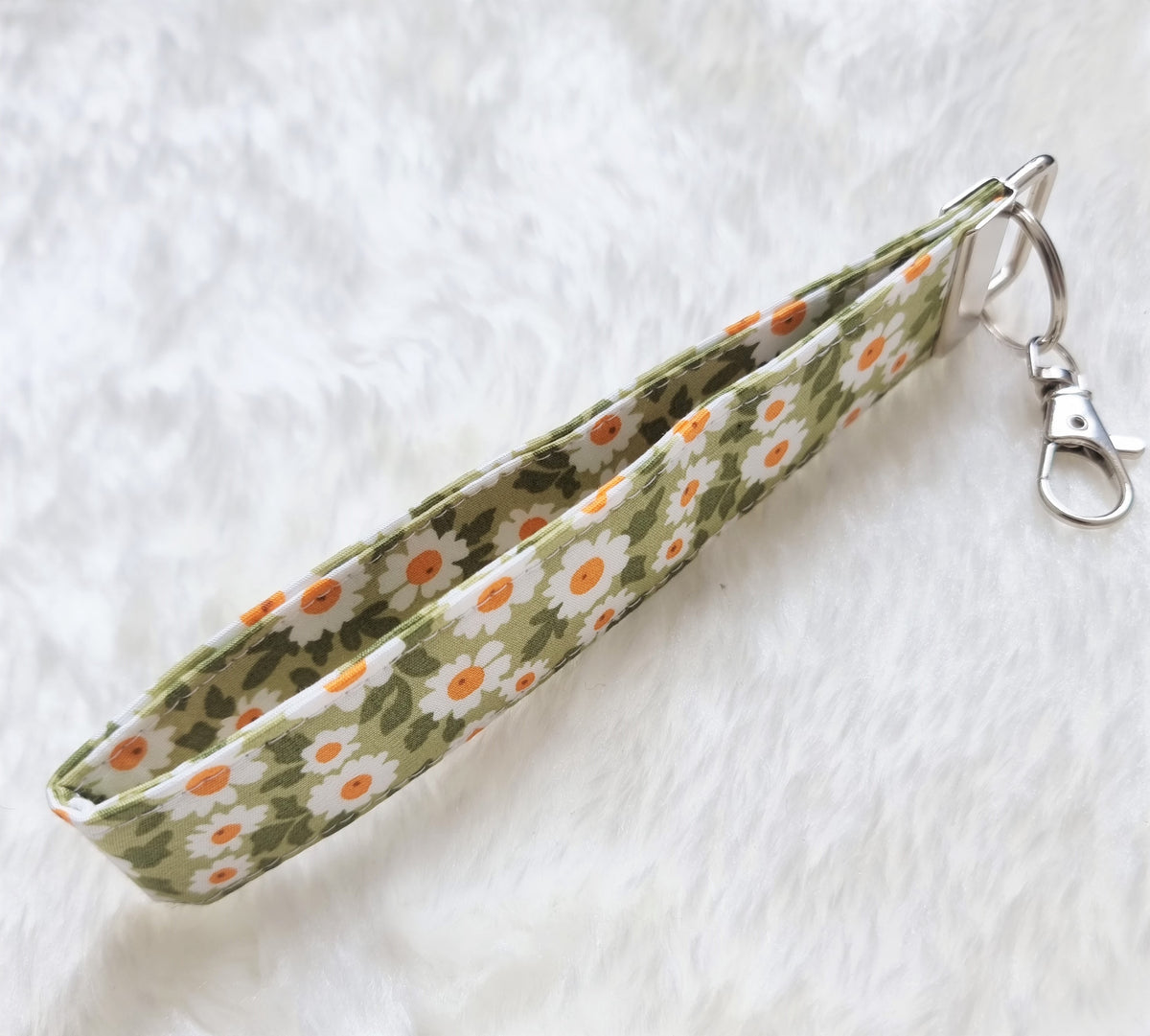 White flowers on Green print Fabric Keychain, Key Fob Wristlet, Key Fo –  Handmade Over Coffee