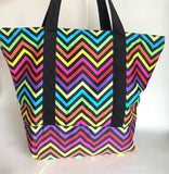 Rainbow neon Chevron tote bag, cotton bag, reusable grocery bag, knitting project bag.