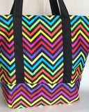 Rainbow neon Chevron tote bag, cotton bag, reusable grocery bag, knitting project bag.