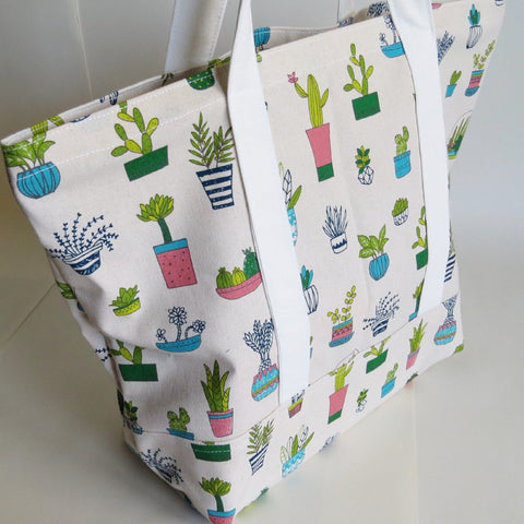 Succulent plant print tote bag, cotton bag, reusable grocery bag.