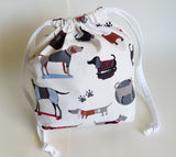 Cute Dog print cotton drawstring bag or knitting project bag.