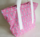 Pink Paris print tote bag, cotton bag, reusable grocery bag, knitting project bag.