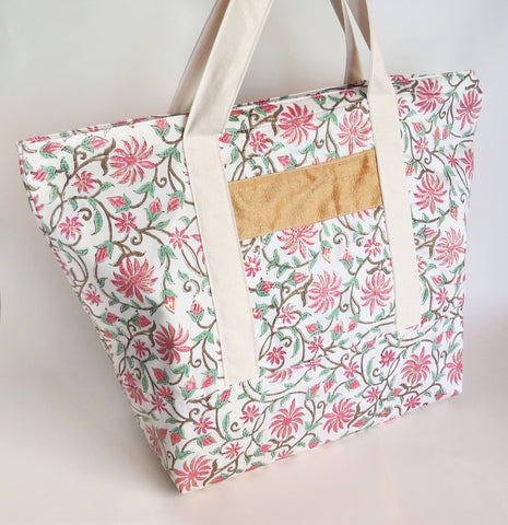 Indian Kalamkari block print with gold accents and raw silk print tote bag, cotton bag, reusable grocery bag.