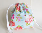 Flowers and birds print cotton drawstring bag or knitting project bag.