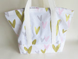 Baby pink grey and gold hearts print tote bag, cotton reusable grocery bag.