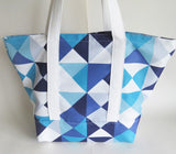 Geometric Teal and purple print tote bag, cotton bag, reusable grocery bag, knitting project bag.
