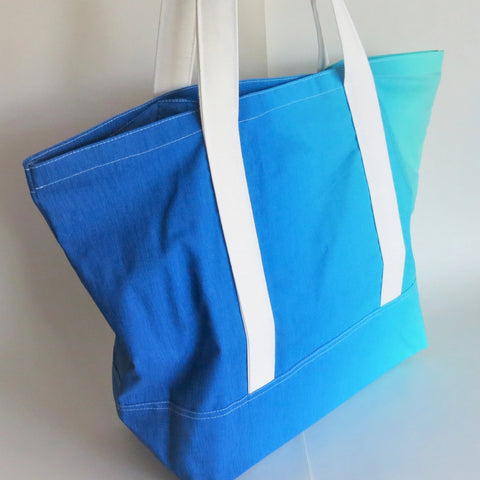 Blue ombre gradient print tote bag, cotton bag, reusable grocery bag.