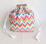 Colorful Chevron print cotton drawstring bag or knitting project bag.