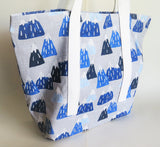 Snow-capped mountains print tote bag, cotton bag, reusable grocery bag, knitting project bag.
