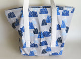 Snow-capped mountains print tote bag, cotton bag, reusable grocery bag, knitting project bag.