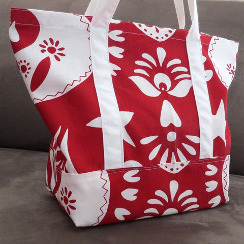 Red and white print tote bag, cotton bag, reusable grocery bag, knitting project bag.