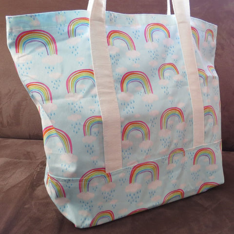 Rainbow print tote bag, cotton bag, reusable grocery bag, knitting project bag.
