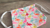 Neon Flamingo print cotton drawstring bag or knitting project bag.
