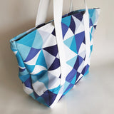Geometric Teal and purple print tote bag, cotton bag, reusable grocery bag, knitting project bag.
