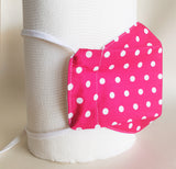 Pink polka dot with white lining face mask, three layers, thick weave cotton fabric.