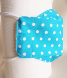 Turquoise blue polka dot with white lining face mask, three layers, thick weave cotton fabric.