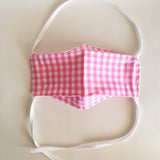 Pink gingham with white lining face mask, three layers, thick weave cotton fabric.