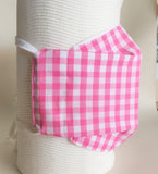 Pink gingham with white lining face mask, three layers, thick weave cotton fabric.