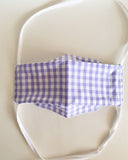 Purple gingham with white lining face mask, three layers, thick weave cotton fabric.