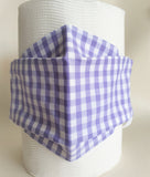 Purple gingham with white lining face mask, three layers, thick weave cotton fabric.