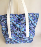 Blue Australian Aboriginal Art print tote bag, cotton bag, reusable grocery bag.