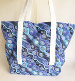 Blue Australian Aboriginal Art print tote bag, cotton bag, reusable grocery bag.