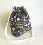 Wine is cheaper than therapy print cotton drawstring bag or knitting project bag.