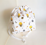 Happy bees print Drawstring bag, cotton bag, knitting project bag.