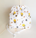 Happy bees print Drawstring bag, cotton bag, knitting project bag.