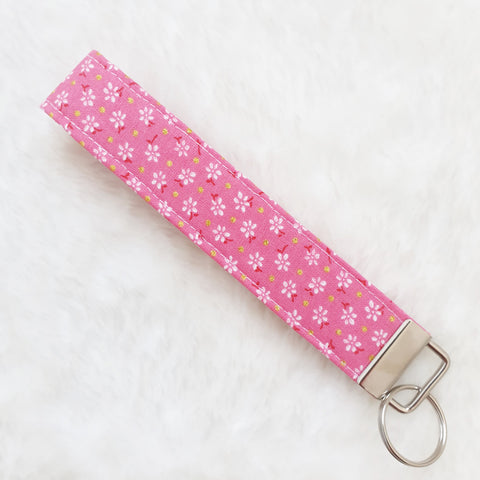 White flowers on Pink with glitter dots Fabric Key Wristlet