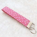 White flowers on Pink with glitter dots Fabric Key Wristlet
