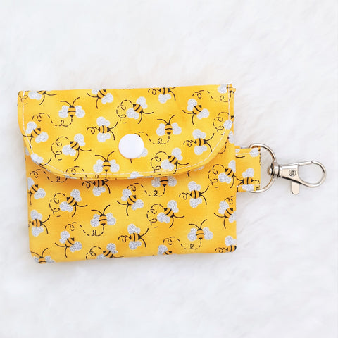 Happy buzzing bee with glitter wings print Card Holder, Keychain Wallet, Coin Purse, Key Wallet Zipper Pouch, Earbud Lip Balm Holder, Small Wallet.