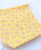 Sunshine yellow with white flowers print cotton drawstring bag or knitting project bag.
