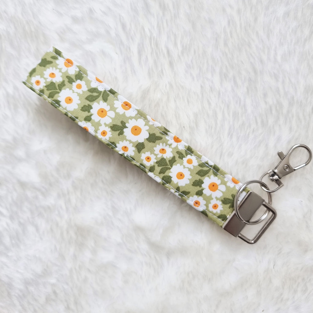 White flowers on Green print Fabric Keychain, Key Fob Wristlet, Key Fo –  Handmade Over Coffee