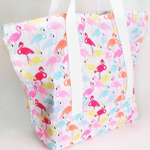 Flamingo print tote bag, cotton bag, reusable grocery bag, knitting project bag.