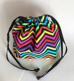 Rainbow neon Chevron print cotton drawstring bag or knitting project bag.
