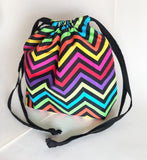 Rainbow neon Chevron print cotton drawstring bag or knitting project bag.