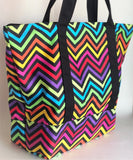 Rainbow neon Chevron tote bag, cotton bag, reusable grocery bag, knitting project bag.