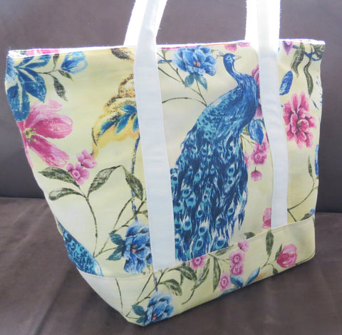 Peacock print lemon colored Tote bag, cotton bag, reusable grocery bag.