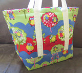 Aqua, mint, red Owl print Handmade cotton tote bag, reusable grocery bag.
