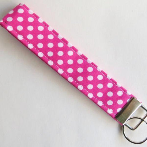 Pink and white polka dot Fabric Keychain, Key Fob Wristlet, Key Fob Keychain, Key Wrist Strap.