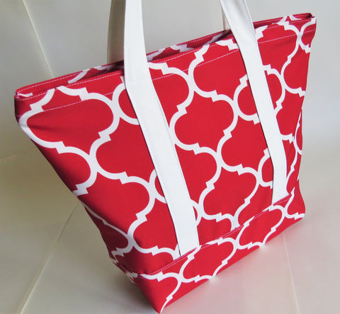 Red Trellis print tote bag, cotton bag, reusable grocery bag.
