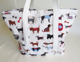 Cute Dog print tote bag, cotton bag, reusable grocery bag, knitting project bag.