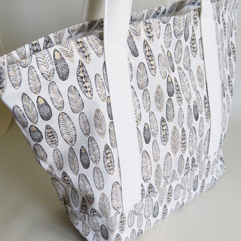 Feather Gold  print tote bag, cotton bag, reusable grocery bag, knitting project bag.