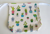 Succulent plant print cotton drawstring bag or knitting project bag.