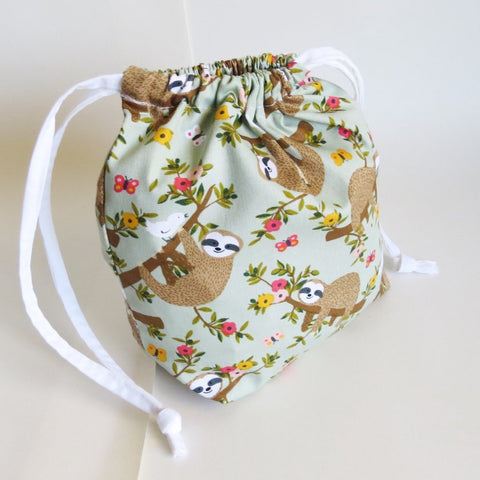 Sloth and baby sloth Drawstring bag, cable bag, knitting bag, project bag, gift bag, party favours, toiletry bag