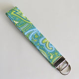 Blue and green paisley print Fabric Keychain, Key Fob Wristlet, Key Fob Keychain, Key Wrist Strap.
