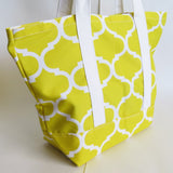 Lemon Yellow Trellis print tote bag, cotton bag, reusable grocery bag.