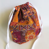 aboriginal print Drawstring bag, cable bag, knitting bag, project bag, gift bag, party favours, toiletry bag