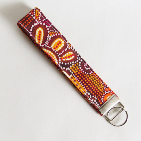 Orange Australian Aboriginal art print Fabric Keychain, Key Fob Wristlet, Key Fob Keychain, Key Wrist Strap.